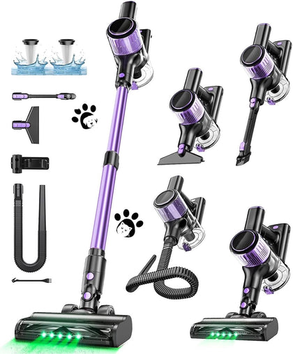 Cordless Vacuum Cleaner, 10 in 1 Stick Vacuum with Powerful Suction, Hose, Green LED Light, Anti-Tangle Brush