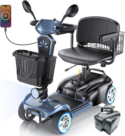 15/25/30/50Miles Eldryvon 4 Wheels Electric Mobility Scooter for Seniors, Dual Basket, 350W Powered Wheelchair with
