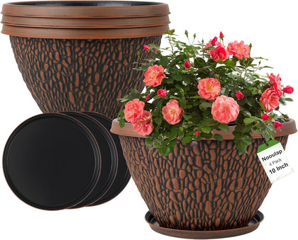 4 Pack Flower Pots Outdoor, 10 Inch Plant Pot with Drainage Hole & Tray, Thickened Plastic Planters for Indoor
