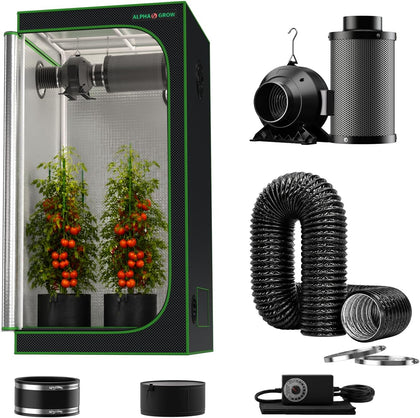 2x2 Grow Tent Kit with Fan and Carbon Filter, 24"x24"x48" 1680D Mylar Indoor Grow Tent Ventilation System with 4 Inch