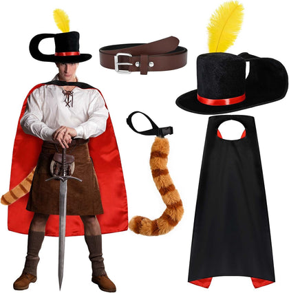 4 Pcs Halloween Puss Costume Cat Outfit Hat with Feather Belt Cat Tail Cape for Halloween Adult Women Men Cosplay