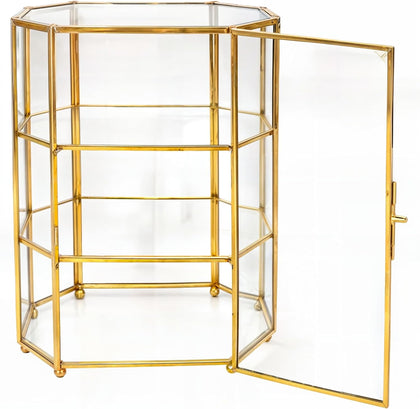 Glass Jewelry Display Case 6.7x4x8.4 inches Small Cabinet, 3-Tier Geometric Box Keepsake Trinket for Rings, Earrings