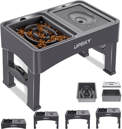2-in-1 Elevated Dog Bowls Slow Feeder, 4 Height Adjustable Raised Bowl Stand, No Spill Dog Water Bowls, Anti-Slip