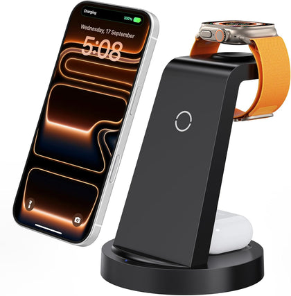 3 in 1 Charging Station for iPhone, Wireless Charger for iPhone 17 16e 16 15 14 13 12 11 X Pro Max & Apple Watch