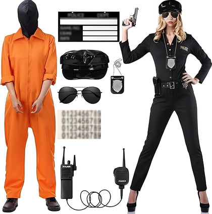 Halloween Couple Costume Orange Jumpsuit Costume Inmate Outfit Police Accessories Jail Criminal Uniform Adult