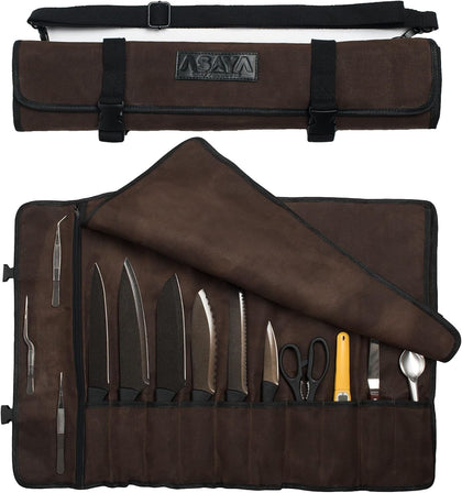 Waxed Canvas Chef Knife Roll Bag with 10 Slots and a Zipper Pocket - Professional Chef Knife Bag & Storage Case, with