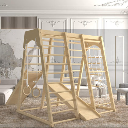 Toddler Jungle Gym, 66" Indoor Playground Set with Swing, Rock Climb Wall, Slide, Monkey Bars, Wood & Rope Ladder