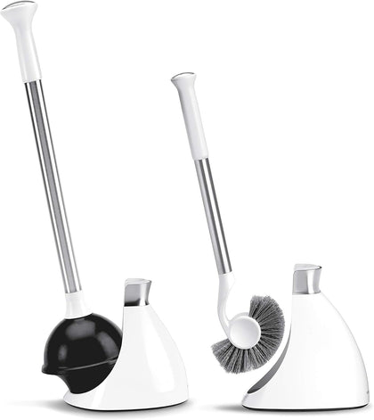 Toilet Plunger and Toilet Brush Set with Holder, Magnetic Drip-Free Covers, Crescent Brush Head and Modern-Toilet