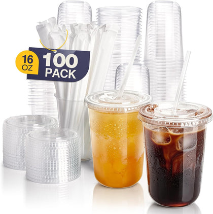 100 Pack 16 oz Round Bottom Clear Plastic Cups with Lids and Straws, Disposable Iced coffee cups with lids, BPA-Free
