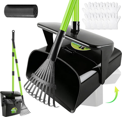 Pooper Scooper Swivel Bin & Rake with 50 Waste Bags, 38" Long Adjustable Handle Dog Poop Scooper for Yard Large