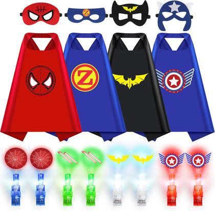 Superhero Capes with Finger Lights, Masks Dress Up for Kids 3-12 | 4 Capes, 4 Masks, 8 Lights for Halloween Costumes