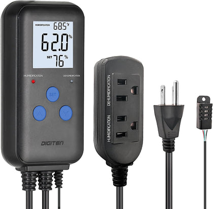 Humidity Controller with Temperature Display for Reptile, Mushroom | Pre-Wired Digital Humidistat, Dual-Stage Outlet