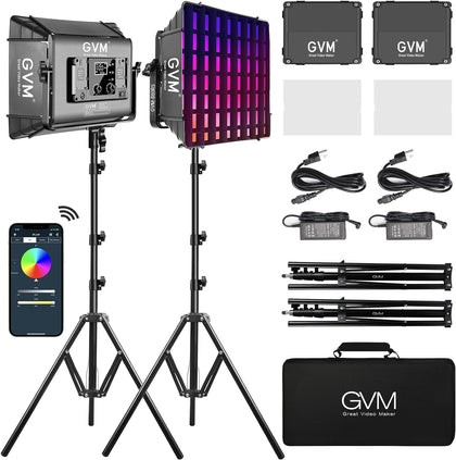 GVM RGB Photography Lighting Kits with 2 Softboxes, 880RS 60W Studio Lights with Bluetooth Control, 2 Packs Video