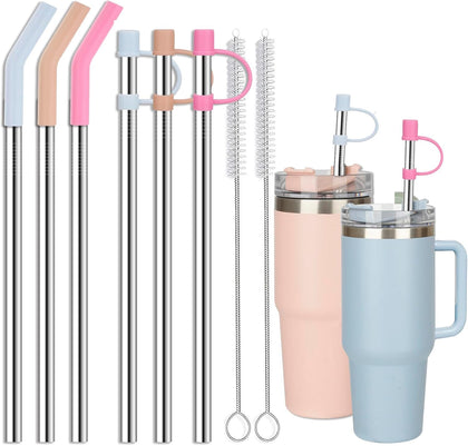 12" Stainless Steel Straws with Covers fit Stanl-ey 40 oz tumbler | Wide Straw Replacement with Silicone Tips & Cover