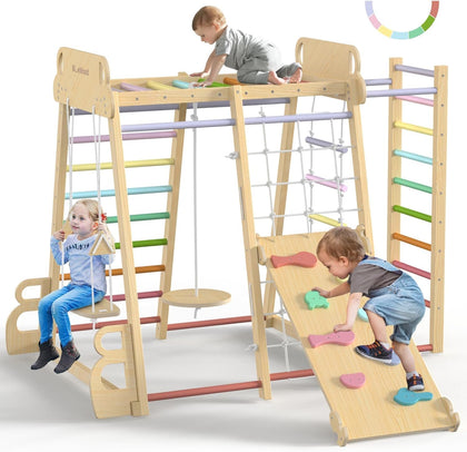 Upgraded Indoor Jungle Gym 9-in-1 Playground Kids Climbing Toys, Waldorf Style Wooden Climber Playset with Slide