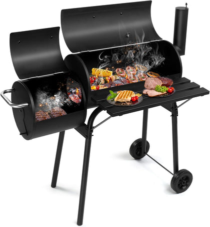 Barrel Charcoal Grill with Offset Smoker, Large BBQ Outdoor Smoker Grill with Wheels for Party Garden Patio and