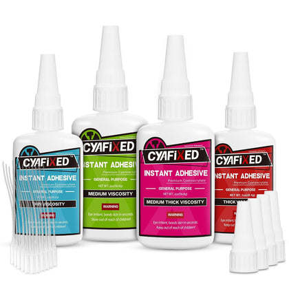 Super Glue Kit, 6 oz CA Glue (Thick, Medium-Thick, Medium, Thin) with Anti-Clog Caps & Microtips, Instant Clear