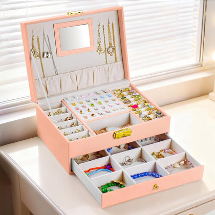Jewelry Box, 2 Layer Jewelry Organizer with Velvet Earring Organizer, Jewelry Holder Organizer Travel, White Jewelry