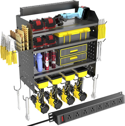 Drill Holder Wall Mount with 8-Outlet Charging Station, 190lbs Load 4 Layers Carbon Steel Heavy Duty Power Tool