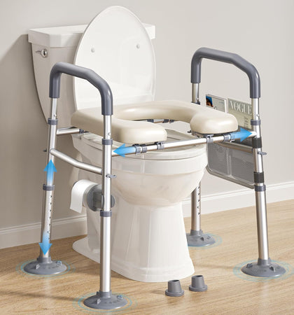 Raised Toilet Seat with Handles, Width & Height Adjustable Toilet Seat Risers for Seniors, Heavy Duty 400lbs Elevated