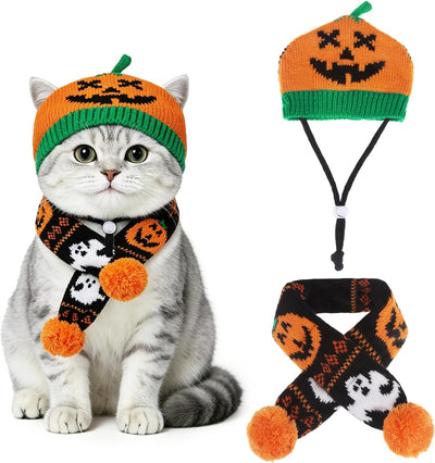 Halloween Dog Costumes Hat Scarf Set Knit, 2 Pcs Pet Halloween Pumpkin Costume Outfit Funny Holiday Cosplay