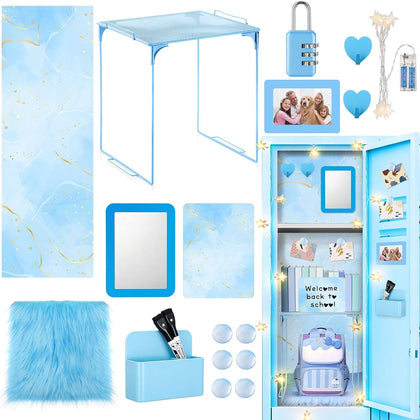 18 Pcs Blue Gold School Locker Accessories First Day of School Essential with Locker Magnetic Wallpaper Mirror Rug