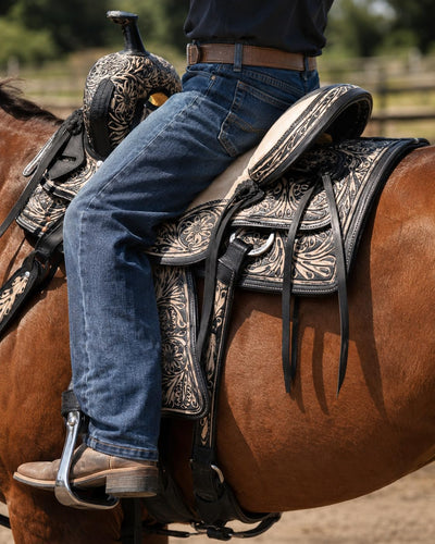 Hand Tooled Western Horse Saddle with Tack Set Genuine Leather Trail Ranch Barrel Racing Saddle Floral Carved 15-18 Inch