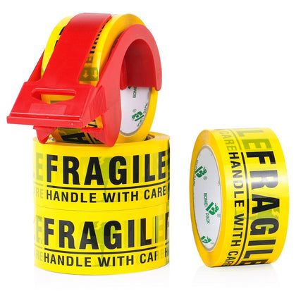 Fragile Tape 2 Inch x 180 Feet (60 Yards) 4 Rolls, Yellow Fragiles Tape Handle with Care for Shipping with Dispenser