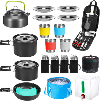 42 Pcs Camping Cookware Mess Kit, Non Stick Lightweight Pots Pan Kettle, Collapsible Water Container and Bucket