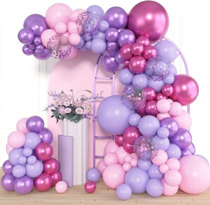 153pcs Pink Purple Balloon Garland Arch Kit, Different Sizes 18 12 10 5 inch Pink Purple Red Latex Metallic Confetti