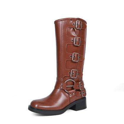 Women's Knee High Biker Moto Boots,Brown,8