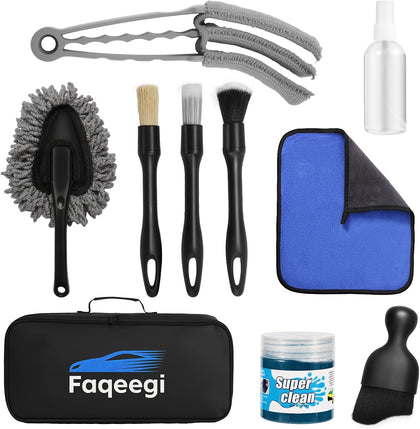 10-Piece Car Interior Cleaning Kit - 3 Natural Boar Hair Brushes, 3-in-1 AC Vent Brush, 160g Non-Toxic Gel