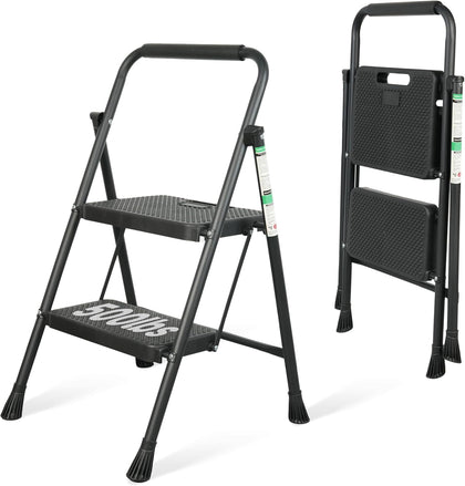 Step Ladder, Portable Steel Folding Step Stool with Wide Anti-Slip Pedal & Convenient Handgrip, Sturdy Steel Ladder