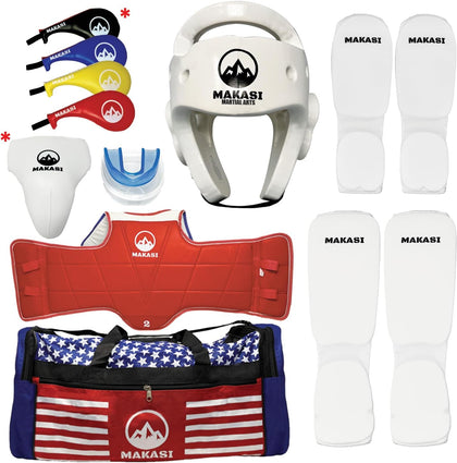 Martial Arts Taekwondo Sparring Gear Equipment Set Headgear Cloth Shin Instep Arm Chest Mouthguard Bag
