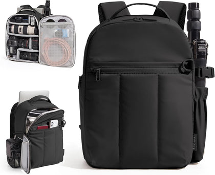 Small Camera Backpack for Women with Laptop Compartment, Black | Puffy Camera Bags for Photographers