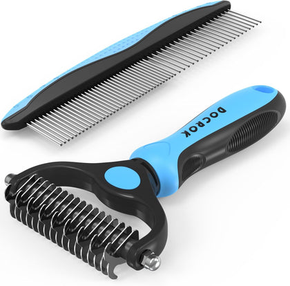 Pet Grooming Combo - Blue Deshedding Brush with Metal Comb for Detangling and Dematting Long, Matted Fur on Cats and