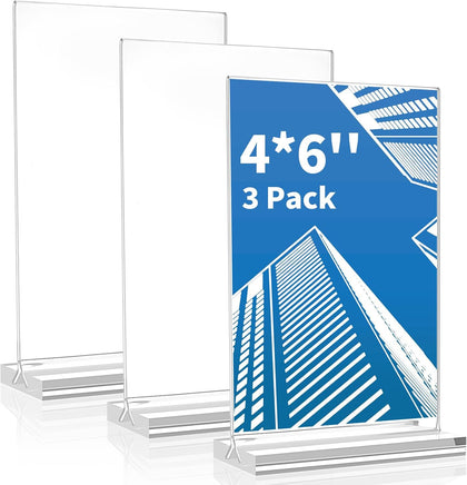 Acrylic Sign Holder 4x6 Inch,3 Pack Sign Holders Vertical | Clear, Double-Sided Display, Stands Stably, Stand Firmly