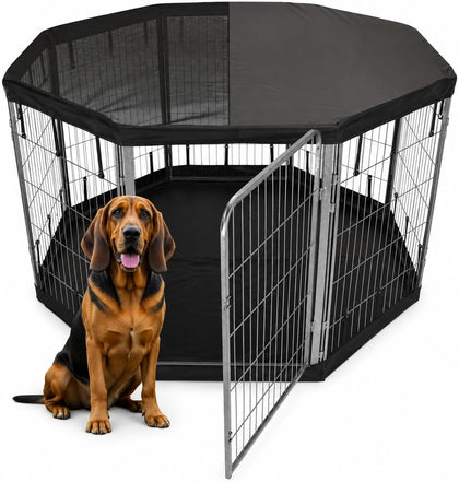 Dog Playpen w/Octagon Bottom Pad & Top Cover - 40 inch, 8 Panel Portable Grey Metal Pet Play Pen for Medium & Large
