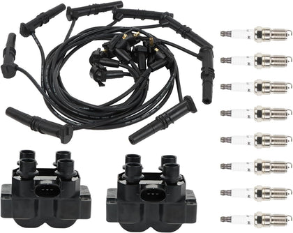 FD487 2PCS Ignition Coil+8 Spark Plug+Wire Set for 1992-1997 Ford Crown | E-150 Expedition F-150/250 GrandMarquis