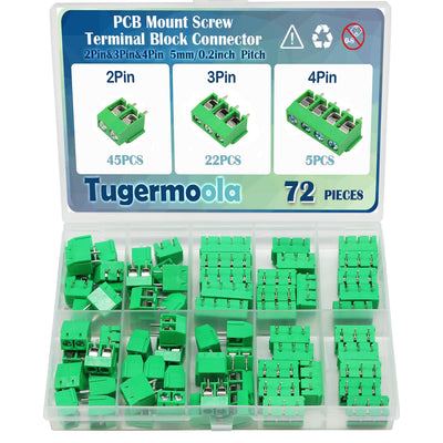 Tugermoola 72PCS 5mm/0.2inch 2Pin 3Pin 4Pin Pitch PCB Mount Screw Terminal Block Connector Assortment Kit PCB Board Wire Connectors Green