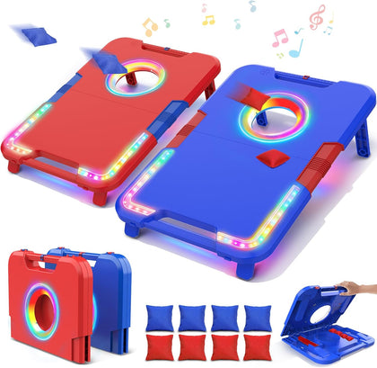 Portable Cornhole Board Set with LED Lights, Scoring & Sound Effects | 2 Foldable Boards & 8 Bean Bags for Backyard