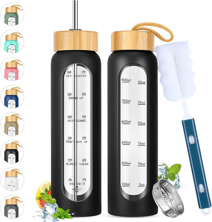 32 oz Glass Water Bottle with Straw - Motivational Time Marker & Silicone Sleeve - Reusable Tumbler Includes 2 Bamboo