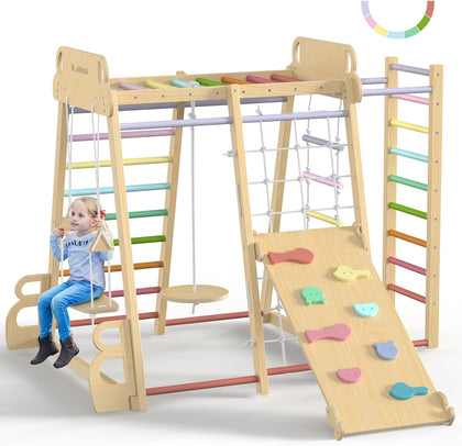 Upgraded Indoor Jungle Gym 9-in-1 Playground Kids Climbing Toys, Waldorf Style Wooden Climber Playset with Slide