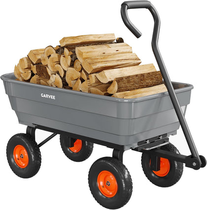Poly Garden Dump Cart, 600 lb Wheelbarrow Yard Cart with 10 in Wheels, Quick-Dump & Towable Utility Wagon for Yard