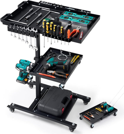 3-Tier Rolling Work Table, Adjustable Height Tool Cart with Wheels | Portable Mechanic Organizer with Drill Storage