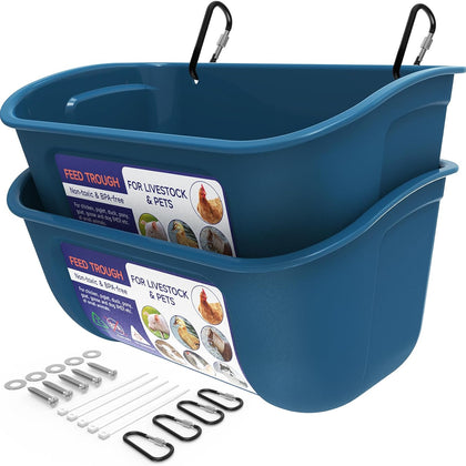 Chicken Feeder Waterer, Hanging or Screw-in, 2 Pack 5 Quart, Blue | With Clips and Screws, Goat Feeding Supplies