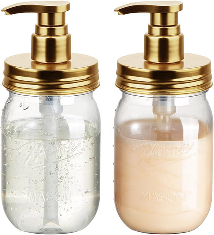 Plastic Mason Jar Soap Dispenser with Pump Lid 16OZ -2 Pack Gold | Refillable BPA-Free Hand Soap Dispenser Set with