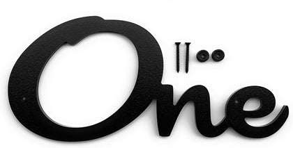 Mid Century Modern Cursive House Numbers, 5 inch black plastic MCM script address words with stainless steel screws