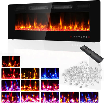 50" Electric Fireplace Recessed Wall Mounted, Ultra Thin Linear Fireplace Inserts,12 Flame Colors, Timer, Remote &
