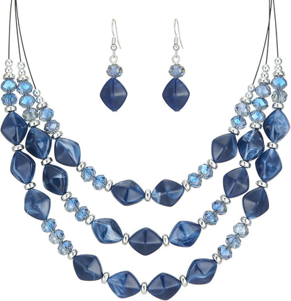 3 Layered Chunky Statement Necklace for Women Beaded Strand Necklaces with Earring Fashion Costumes Collar Necklace